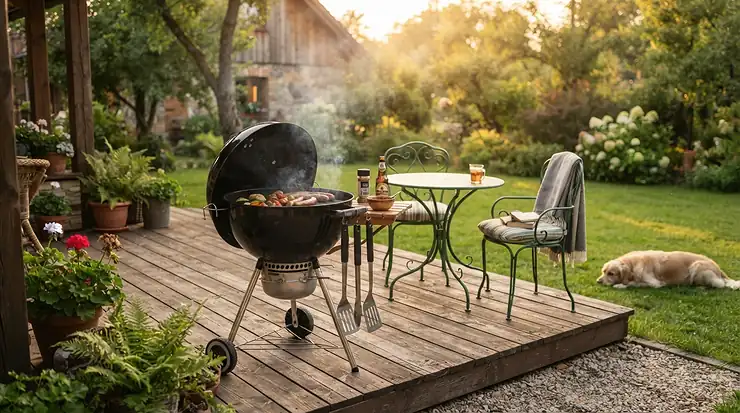 A complete backyard setup featured in a charcoal kettle grill review for beginners.