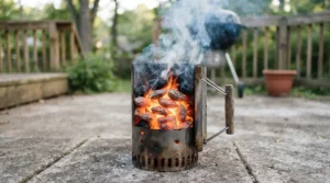 Lighting charcoal briquettes in a starter chimney, highlighted in a charcoal kettle grill review for beginners.