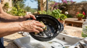 Wiping down the porcelain-enameled bowl for a charcoal kettle grill review for beginners.