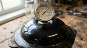 A close-up of the built-in temperature gauge featured in a charcoal kettle grill review for beginners.