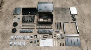 An unboxing scene from a charcoal kettle grill review for beginners, showing new metal parts laid out on a garage floor.