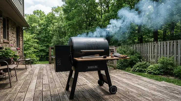 An entry level pellet grill set up on a suburban backyard patio during a sunny weekend barbecue.