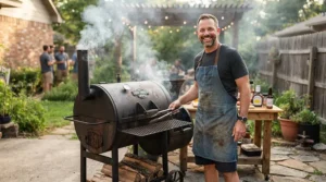 A smiling beginner user learning how to operate an entry level pellet grill for backyard family dinner.