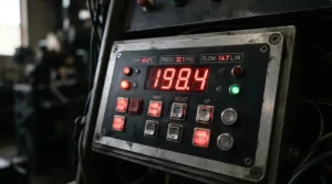A close-up view of the digital temperature controller on an entry level pellet grill adjusting heat settings.