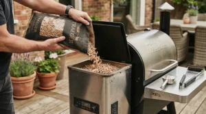 Pouring hardwood pellets into the hopper of an entry level pellet grill before smoking brisket.