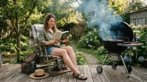 An entry level pellet grill smoking ribs unattended while a person relaxes in a lawn chair nearby.