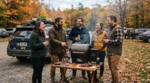 Using an entry level pellet grill during a cool autumn afternoon tailgating event in a parking lot.