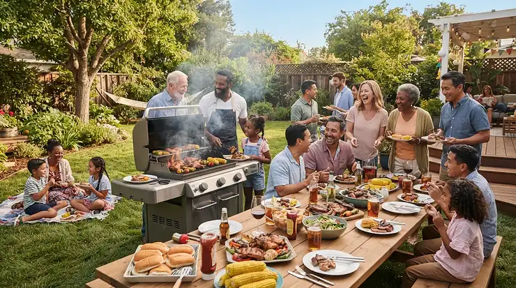 A large capacity pellet grill for big families smoking multiple racks of ribs in a sunny backyard.