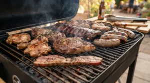 Close-up of a large cooking surface pellet grill on a large capacity pellet grill for big families.