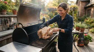 Demonstrating extensive grill space on a large capacity pellet grill for big families.