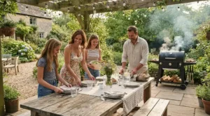 Preparing a Thanksgiving feast on a large capacity pellet grill for big families outdoors.