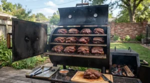 Showcasing multiple meat racks inside a large capacity pellet grill for big families.