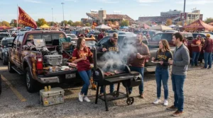 Using a large capacity pellet grill for big families at a stadium parking lot tailgate event.