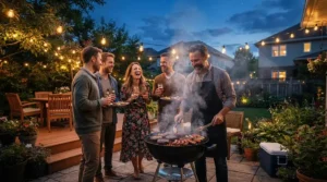 Backyard enthusiasts enjoying a neighborhood cookout around a mid range pellet grill for backyard cooks at dusk.