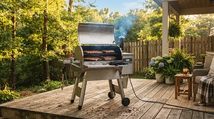 A mid range pellet grill for backyard cooks set up on a suburban patio during a sunny weekend gathering.
