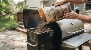 Filling the side hopper with hardwood fuel on a mid range pellet grill for backyard cooks before a long smoke.