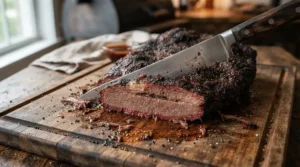 Slicing a tender brisket cooked on a mid range pellet grill for backyard cooks to show the perfect smoke ring.