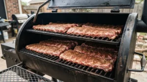 Loading multiple racks of ribs into a mid range pellet grill for backyard cooks with generous cooking surface area.