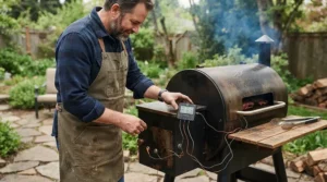 Monitoring internal food temps on a mid range pellet grill for backyard cooks during a multi-hour barbecue session.
