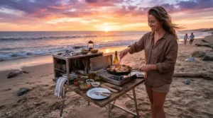 A portable pellet grill for camping and tailgating set up on coastal sand with waves visible in the background at dusk.