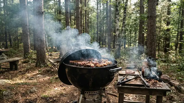 Smoke rising from a portable pellet grill for camping and tailgating during a weekend family camping trip in a deep forest.