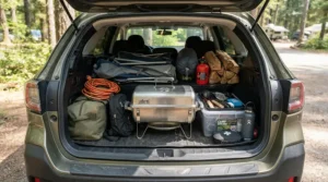 A portable pellet grill for camping and tailgating loaded neatly into the trunk of an SUV alongside other outdoor gear.