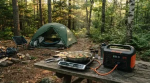 A portable pellet grill for camping and tailgating operating via a portable power station next to a pop-up tent in the woods.