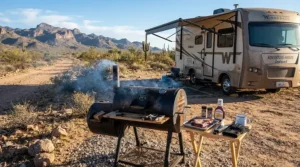 A portable pellet grill for camping and tailgating operating outside a modern recreational vehicle at a desert campsite.