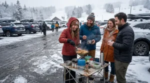 Friends using a portable pellet grill for camping and tailgating outside a football stadium on a snowy winter afternoon.