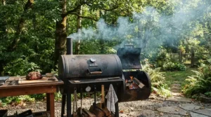 A competition-ready premium pellet grill for serious barbecue enthusiasts billowing thin blue smoke during a backyard cookout