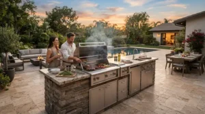 An upscale outdoor kitchen featuring a built-in premium pellet grill for serious barbecue enthusiasts
