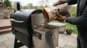 Hardwood pellets being loaded into the hopper of a premium pellet grill for serious barbecue enthusiasts