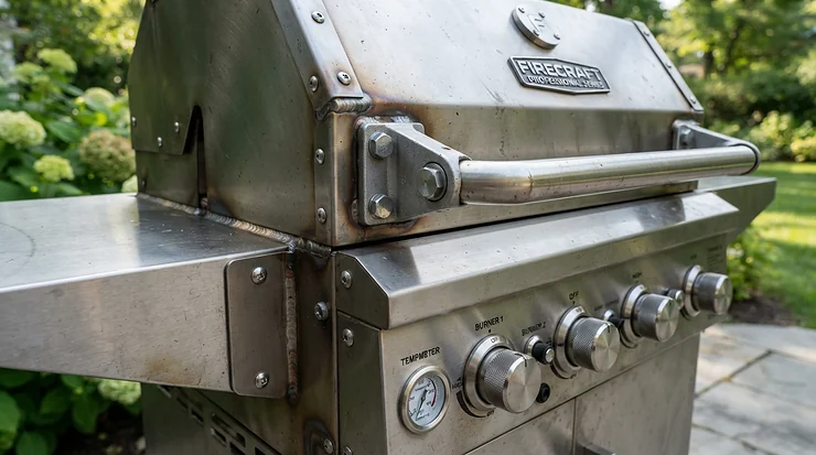 A gleaming stainless steel premium pellet grill for serious barbecue enthusiasts showcased on a backyard patio