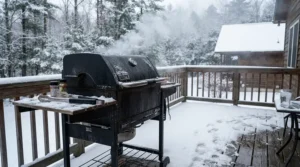 A covered premium pellet grill for serious barbecue enthusiasts operating efficiently during a snowy winter afternoon
