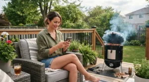 A backyard patio setting showing a wifi enabled pellet grill for remote monitoring while hosting a weekend barbecue.