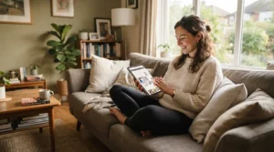 Homeowner relaxing indoors while checking a wifi enabled pellet grill for remote monitoring outside.