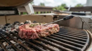 Digital meat probe inserted into a thick cut of meat using a wifi enabled pellet grill for remote monitoring.