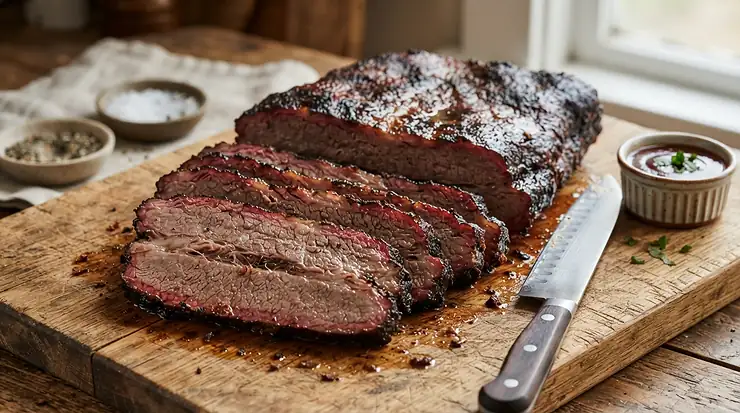 Sliced smoked meat cooked to perfection using a wifi enabled pellet grill for remote monitoring.